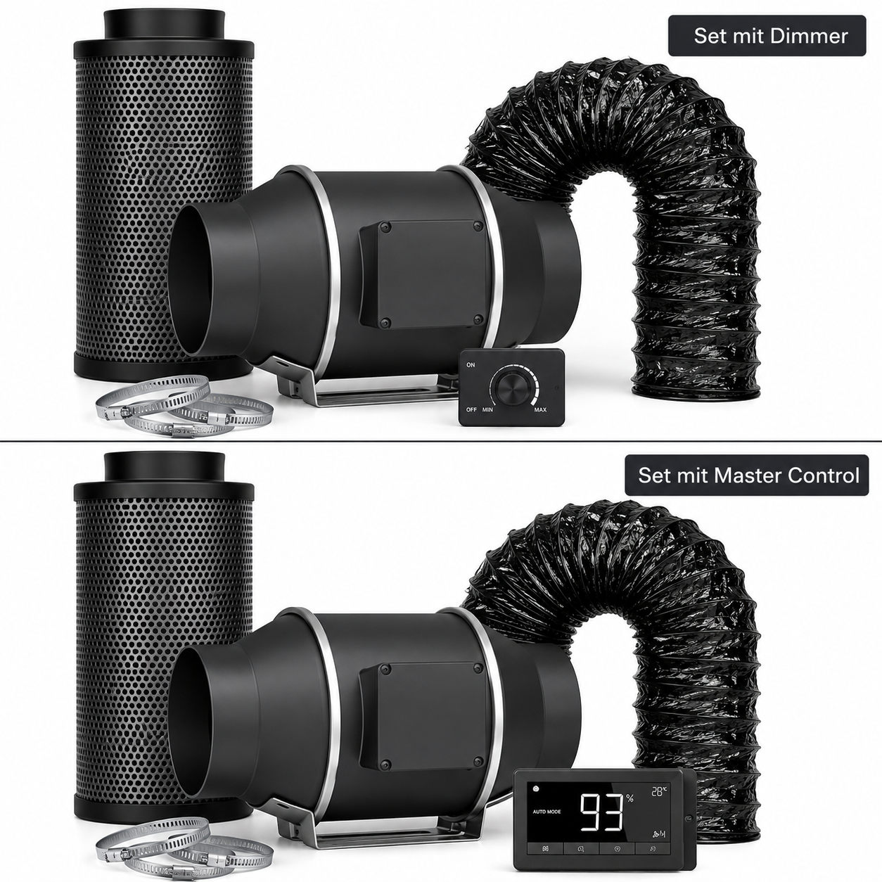 Abluftset mit Rohrventilator, Schlauch & Aktivkohlefilter – 100/150/200 mm – Mastercontrol oder Dimmer