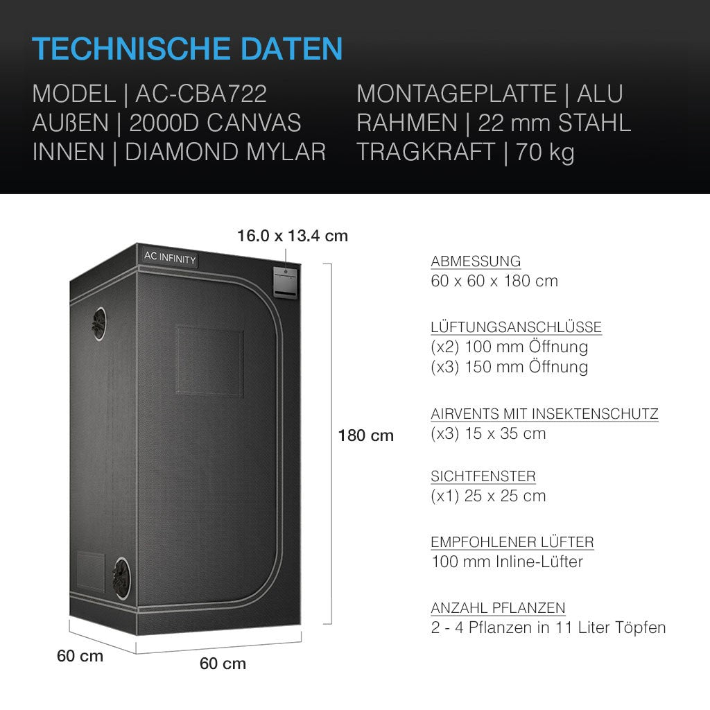 CLOUDLAB 722, Advance Grow Zelt 60 x 60 x 180 cm, 2000D Diamant Mylar Gewebe