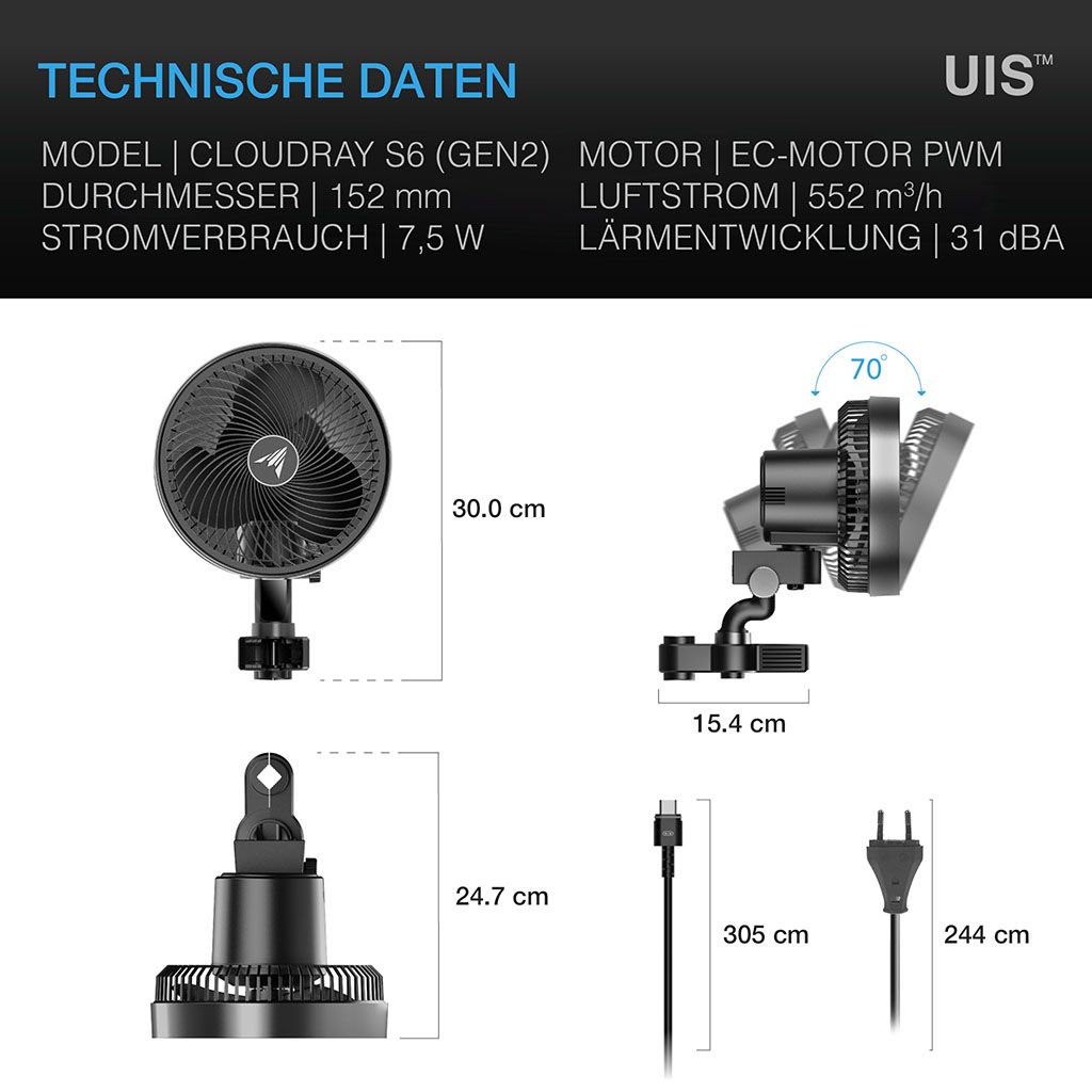 AC Infinity CLOUDRAY S6, Grow-Zelt-Clip-Ventilator 150 mm, EC-Motor, automatische Oszillation