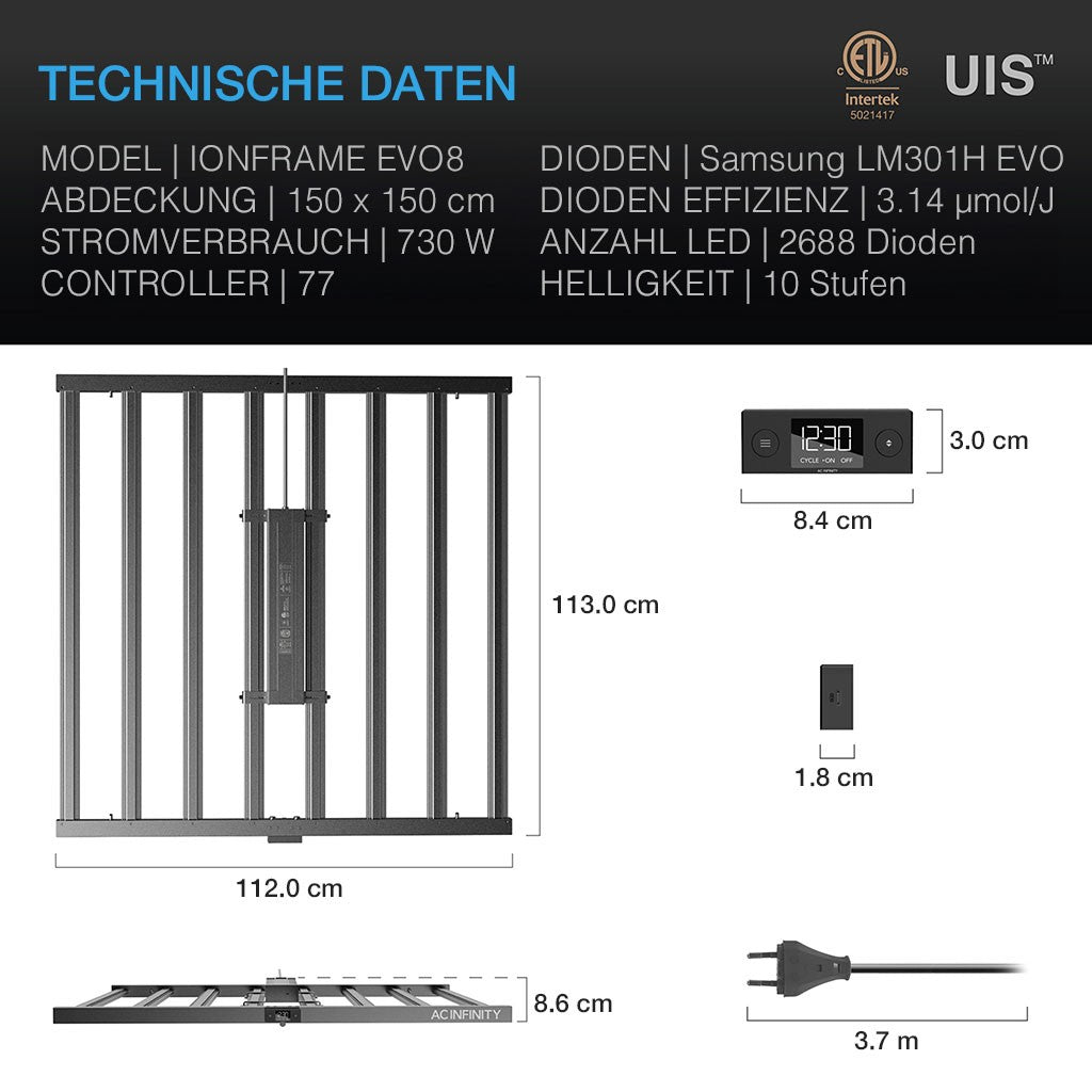 AC Infinity IONFRAME EVO8, Samsung LM301H EVO LED Grow Light, 730 W, bis 150 x 150 cm