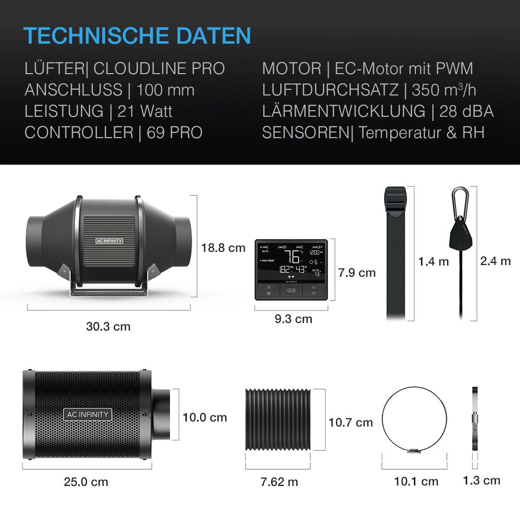 Luftfilter-Set PRO 100 mm, Inline-Ventilator mit Smart Controller und Aktivkohlefilter