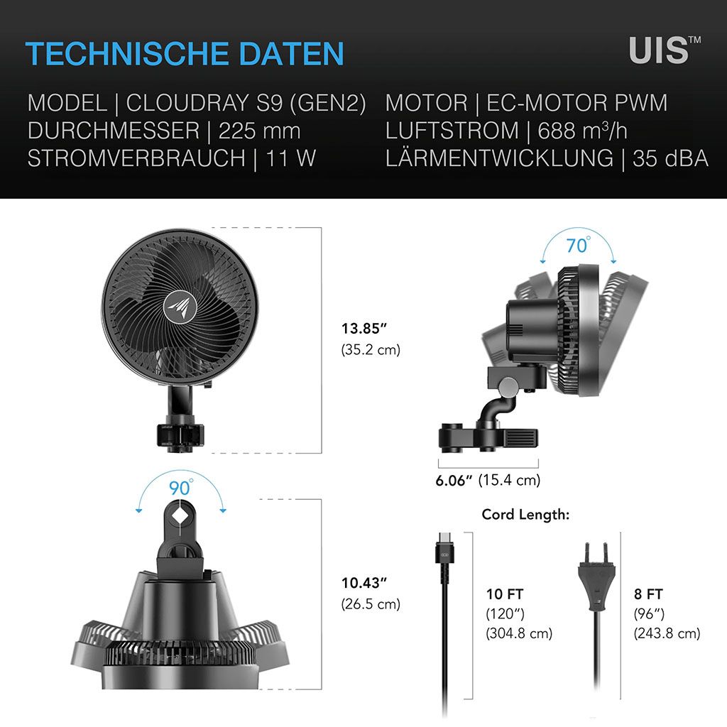AC Infinity CLOUDRAY S9, GEN 2, Growzelt-Clip-Ventilator 225 mm, EC-Motor, automatische Oszillation, 10-stufigen dynamischen Windmodi und Lüftergeschwindigkeiten