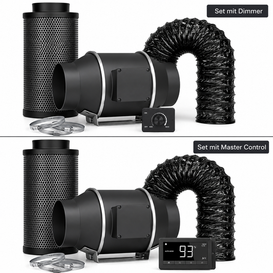 Abluftset mit Rohrventilator, Schlauch & Aktivkohlefilter – 100/150/200 mm – Mastercontrol oder Dimmer