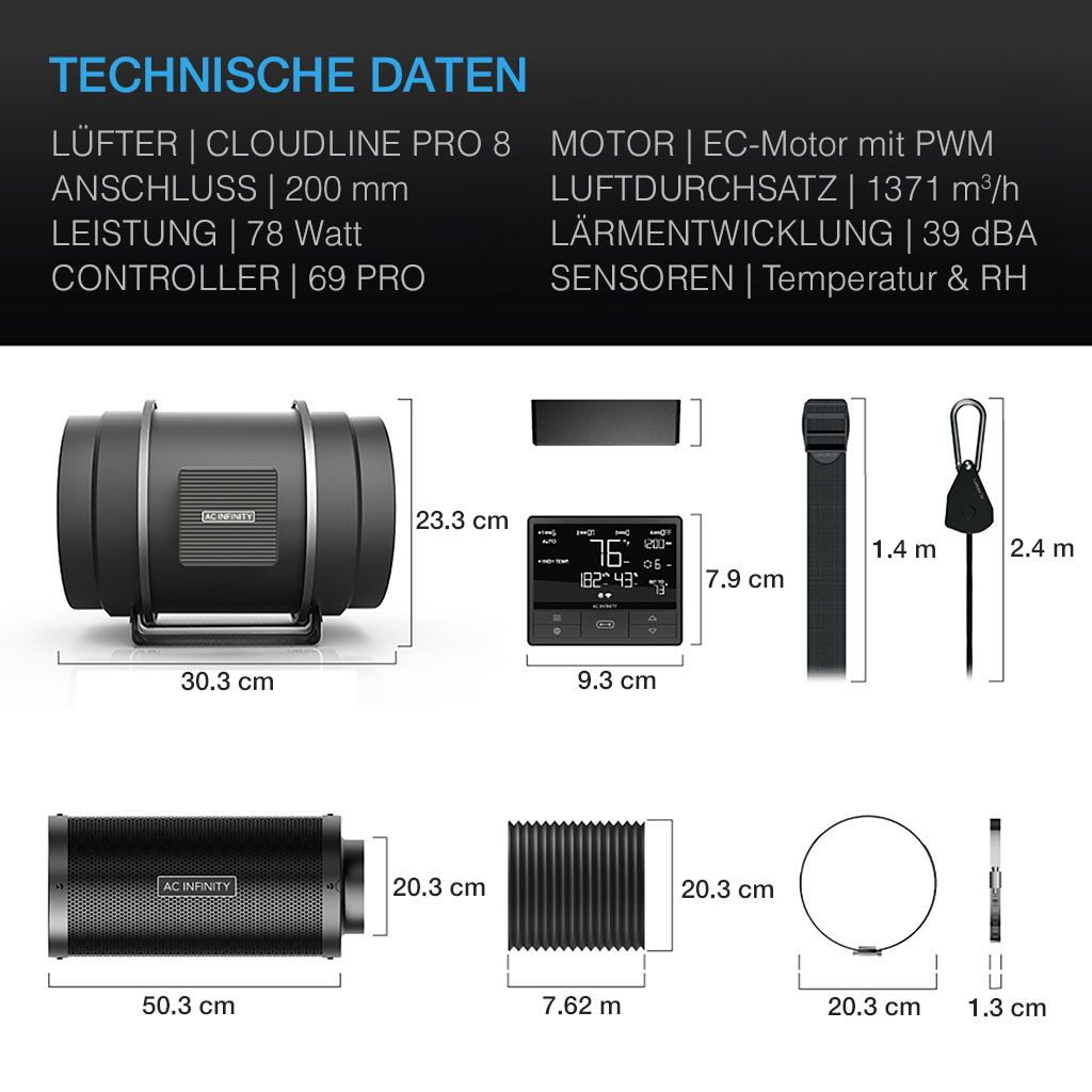 Luftfilter-Set PRO 200 mm, Inline-Ventilator mit Smart Controller und Aktivkohlefilter
