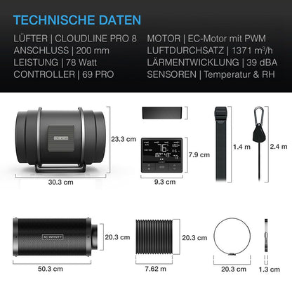 Luftfilter-Set PRO 200 mm, Inline-Ventilator mit Smart Controller und Aktivkohlefilter