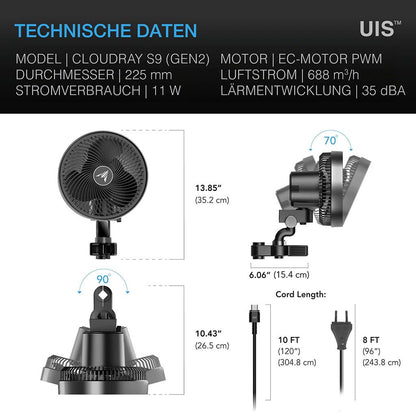AC Infinity CLOUDRAY S9, GEN 2, Growzelt-Clip-Ventilator 225 mm, EC-Motor, automatische Oszillation, 10-stufigen dynamischen Windmodi und Lüftergeschwindigkeiten